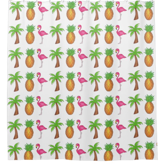 Rideaux De Douche Tropical Print Palm Tree Ananas Flamant rose rose (Devant)