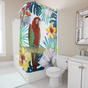 Rideaux De Douche Tropical Red Macaw Parrow Jaune Plage Florale Turq