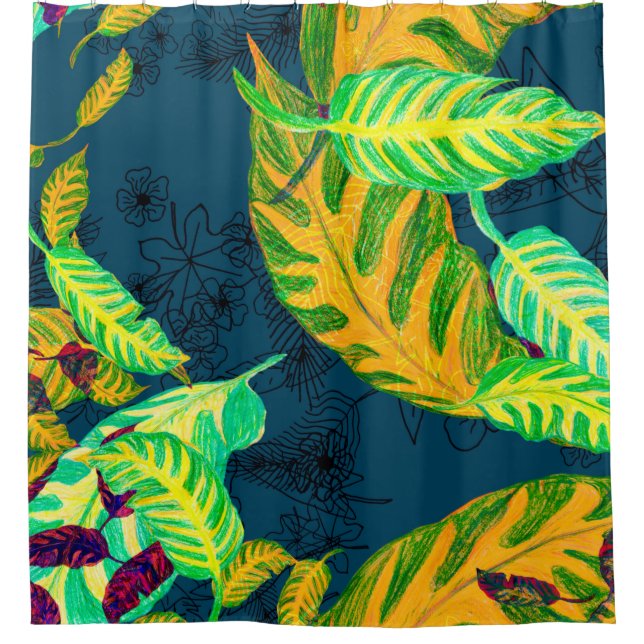 Rideaux De Douche Tropical Tie Dye Blue Gouache. Motif tropical. G (Devant)