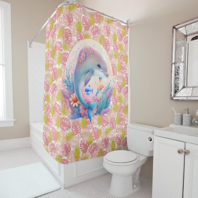 Rideaux de douche Tropiques roses avec dauphin (En situation)