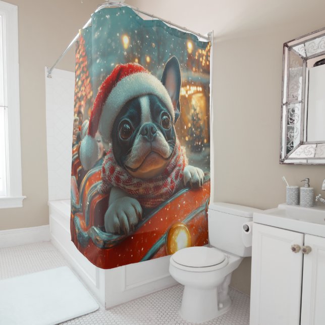 Rideaux De Douche Trottinette de chien Terrier de Boston Noël (En situation)