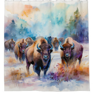 Rideaux De Douche Troupeau de bisons dans la neige en aquarelle