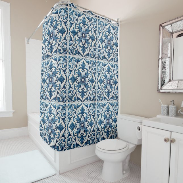 Rideaux De Douche Tuile bleue portugaise (En situation)