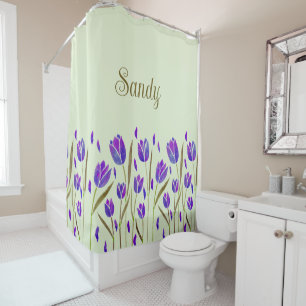 Rideaux De Douche Tulipes aquarelles vert olive & violet Monogramme