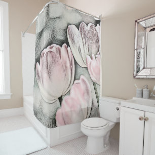 Rideaux De Douche Tulipes blanches rouges roses dessin Vintage