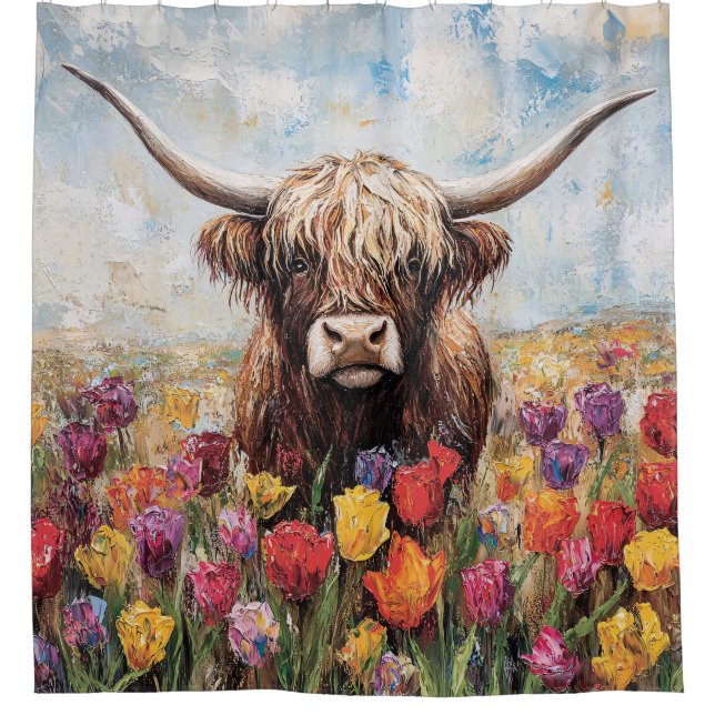 Rideaux De Douche Tulipes colorées de vache Highland Peinture (Devant)