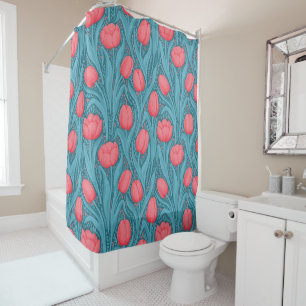 Rideaux De Douche Tulipes en bleu et rouge