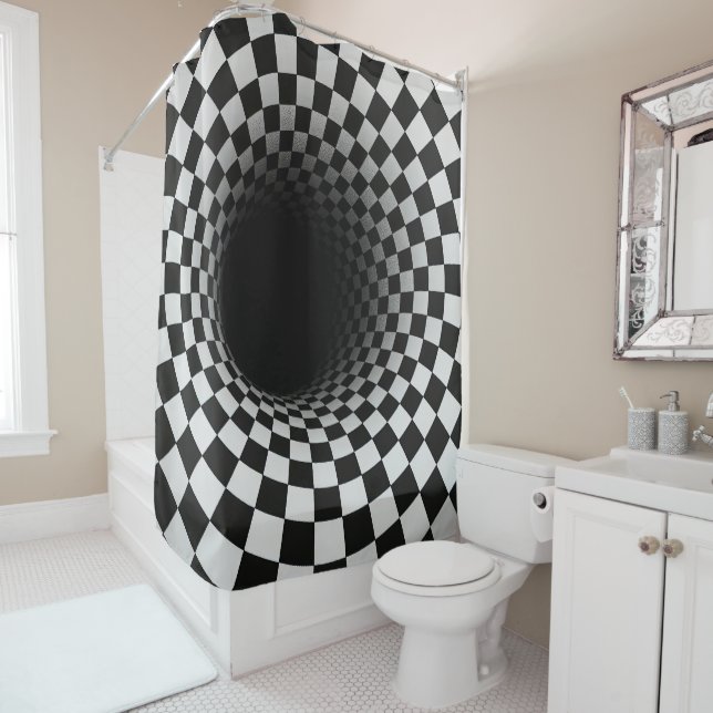 Rideaux De Douche Tunnel d'illusion optique en noir et blanc (En situation)