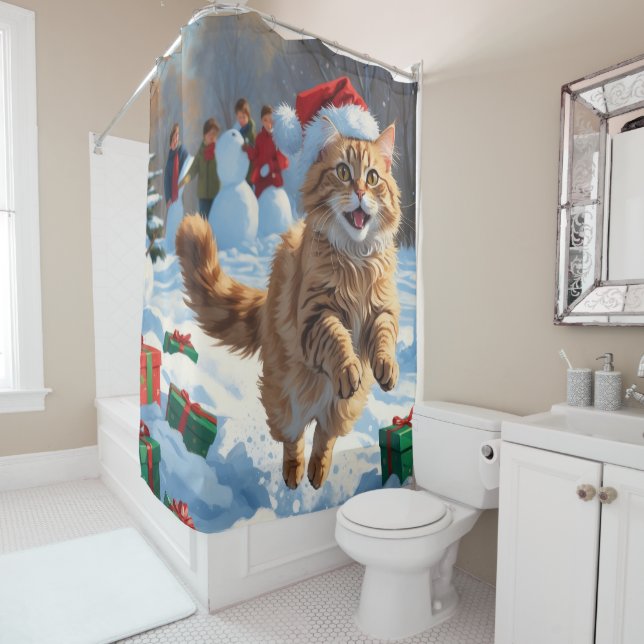 Rideaux De Douche Turc Angora Chat Courir en Casquette de Noël de ne (En situation)