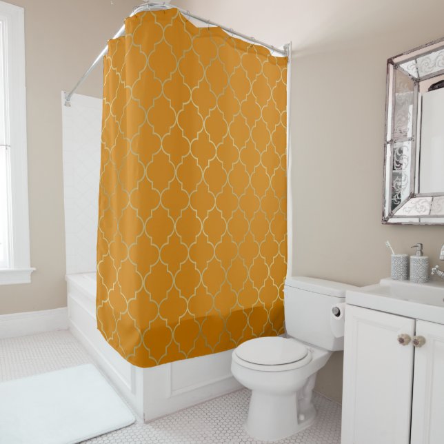 Rideaux De Douche Turmeric Jaune & Gold Quatrefoil Motif (En situation)