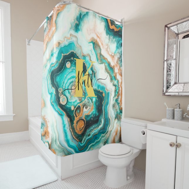 Rideaux De Douche Turquoise Aqua Agate Golden Custom Monogramme mode (En situation)