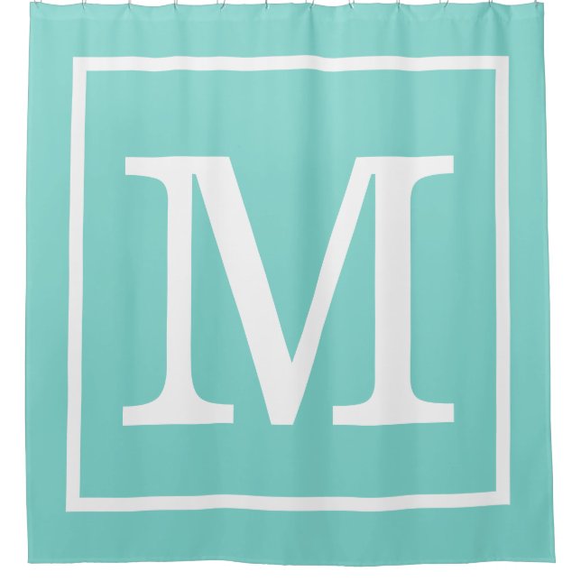 Rideaux De Douche Turquoise Aqua Blanc encadré XL Monogramme initial (Devant)
