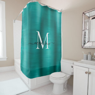 Rideaux De Douche Turquoise Aqua Brossé Monogramme métallique Fille 