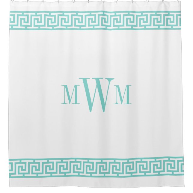 Rideaux De Douche Turquoise Aqua Clé Grecque J Bordure Monogramme (Devant)