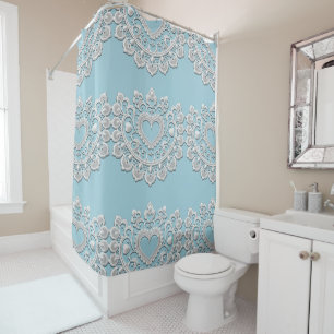 Rideaux De Douche Turquoise Bleu Blanc Dentelle Cœur Mariage Nuptial