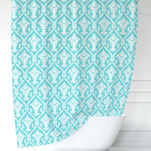 Rideaux De Douche Turquoise, bleu et blanc damassé