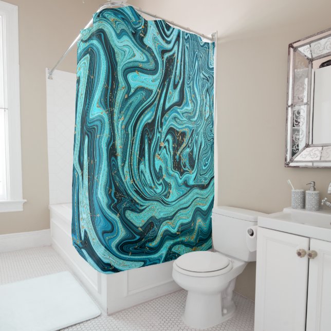 Rideaux De Douche Turquoise Bleu et Or Chic Tourbillon Moderne Abstr (En situation)