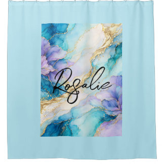 Rideaux De Douche Turquoise Bleu Marbre Floral Abstrait Or