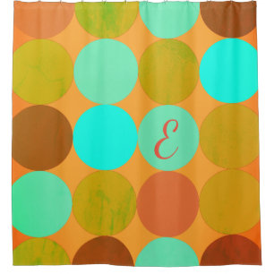 Rideaux De Douche Turquoise Bleu Vert & Cercles Orange Monogramme