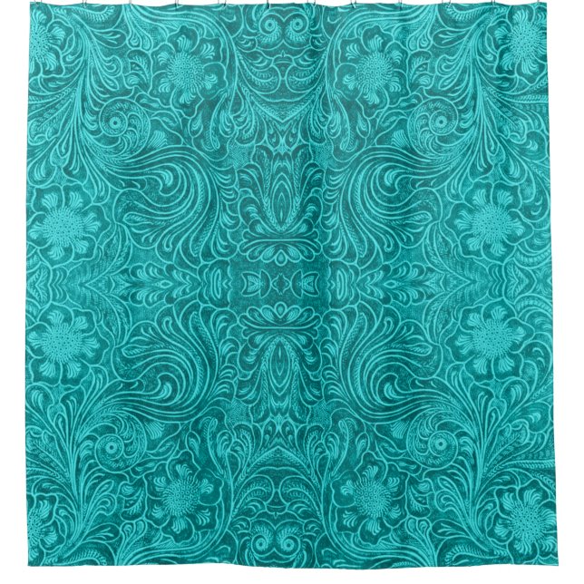 Rideaux De Douche Turquoise Blue Floral Design Cuir Texture Imprimer (Devant)