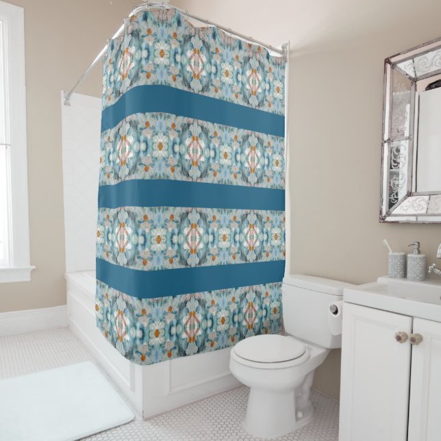 Rideaux De Douche Turquoise Blues et White Daisy Motif (En situation)