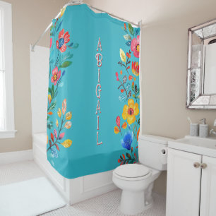 Rideaux De Douche Turquoise Boho Nom personnalisé Floral mexicain