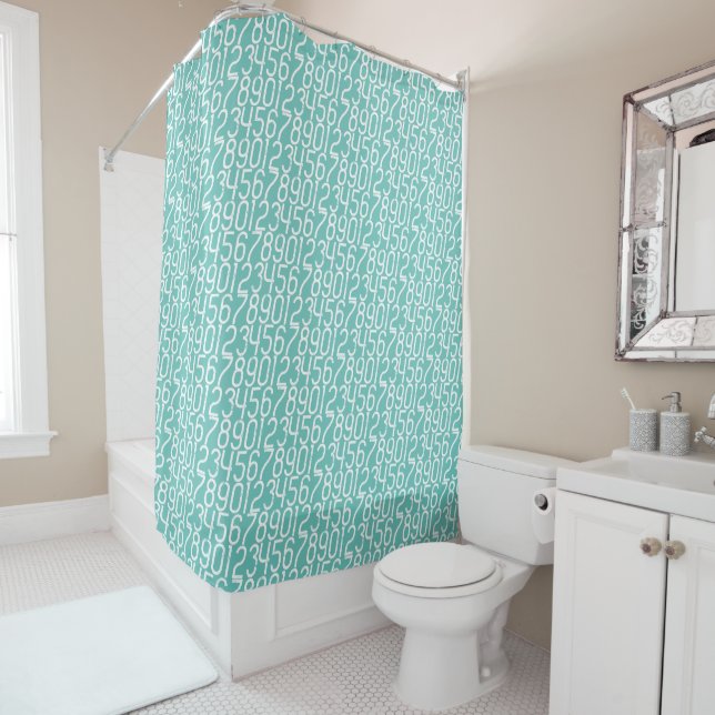 Rideaux De Douche Turquoise clair et blanc. Les nombres mathématique (En situation)