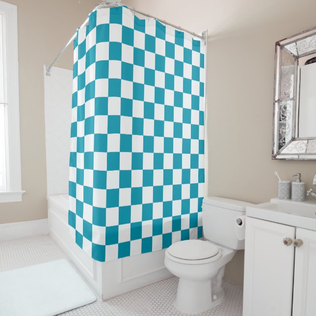 Rideaux De Douche Turquoise foncé à carreaux  (En situation)