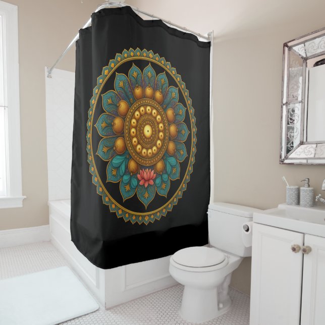 Rideaux De Douche Turquoise Lotus Mandala - Black Boho Graphic Art (En situation)