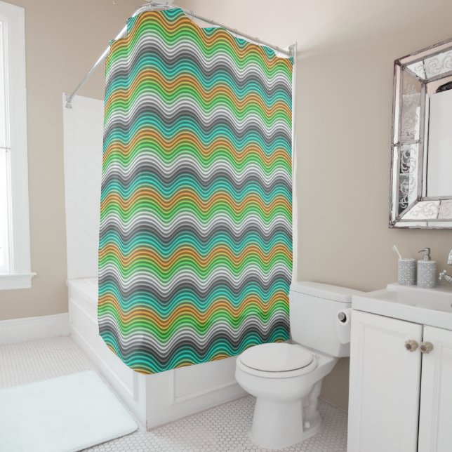 Rideaux De Douche Turquoise Orange Lime Green Retro Waves Motif (En situation)