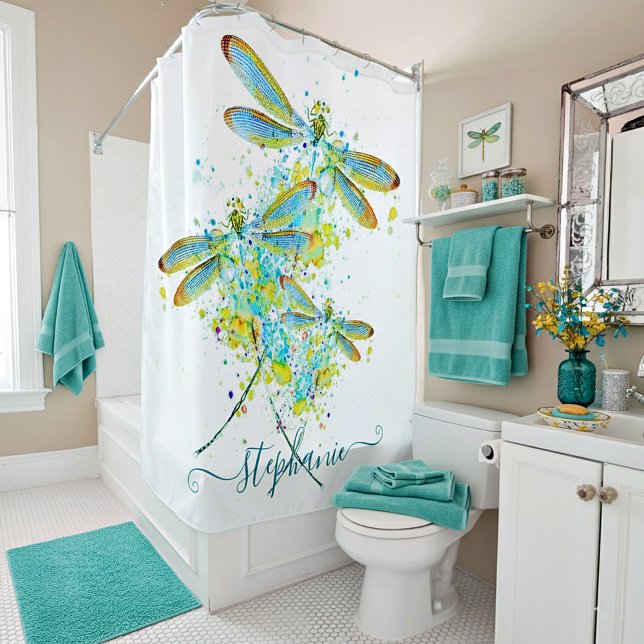 Rideaux De Douche Turquoise Splatter Dragonfly personnalisée (Créateur téléchargé)