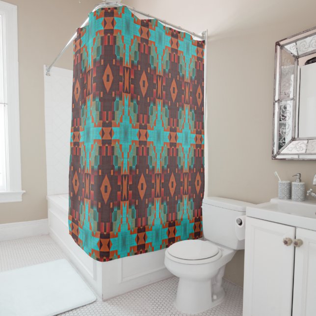 Rideaux De Douche Turquoise Turquoise Orange Rouge Eclectique Ethniq (En situation)