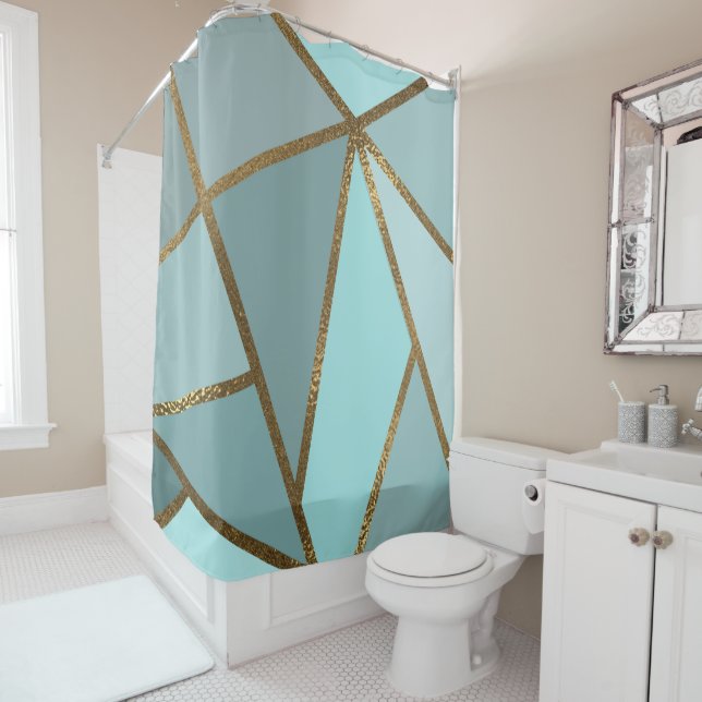 Rideaux De Douche Turquoise Vert Bleu & Bronze Géométrique Mousse de (En situation)