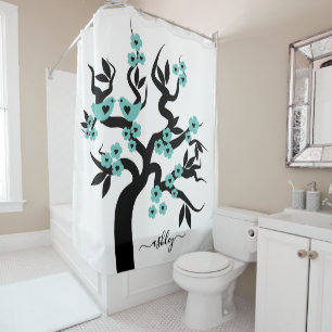 Rideaux De Douche Turquoises Inséparables noirs sakura cerisier, fle