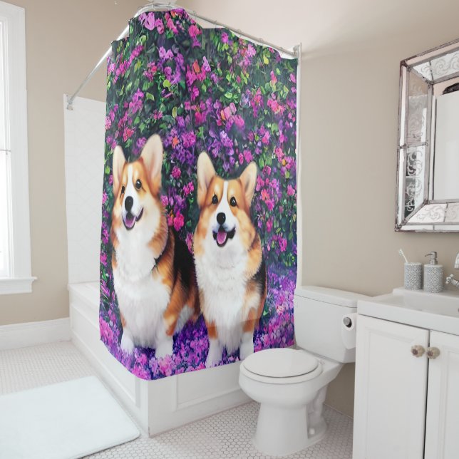 Rideaux De Douche Twin Corgis dans le jardin (En situation)