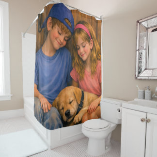 Rideaux De Douche Two Children with Sleeping Puppy Shower Curtain