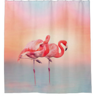 Rideaux De Douche Two Pink flamingos in the water at sunsetflamingo,