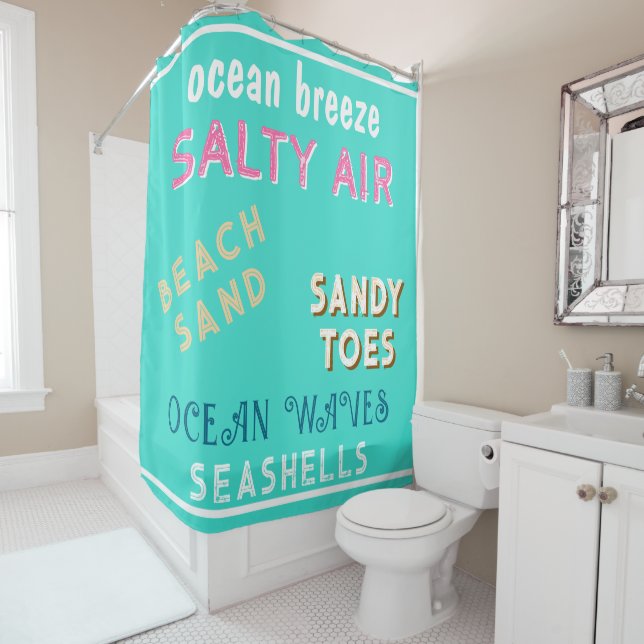Rideaux De Douche Typographie de sable de plage turquoise d'été  (En situation)