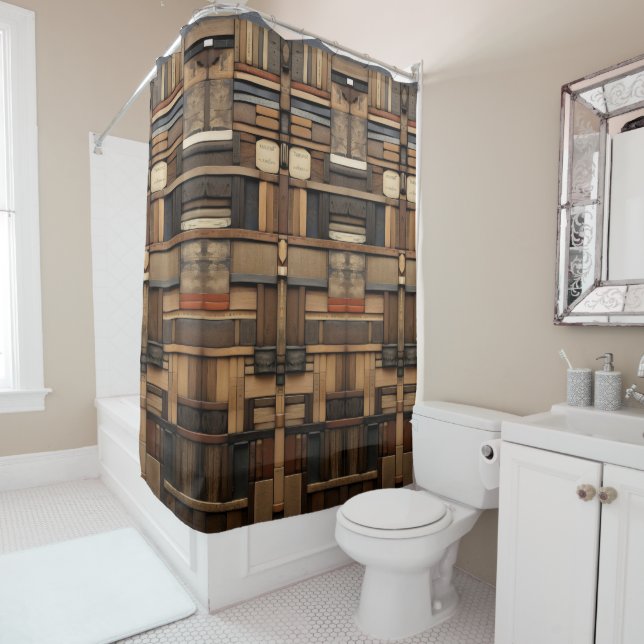 Rideaux De Douche Typographie en bois et collage d'art (En situation)
