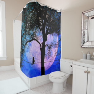 Rideaux De Douche Un chat noir sur une Pleine lune de fil