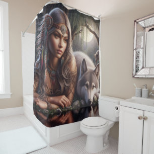 Rideaux De Douche Un Indien et un loup se reposant au bord de l'eau