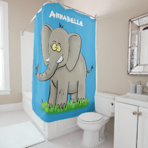 Rideaux De Douche Un joli éléphant drôle avec un oiseau sur le tronc