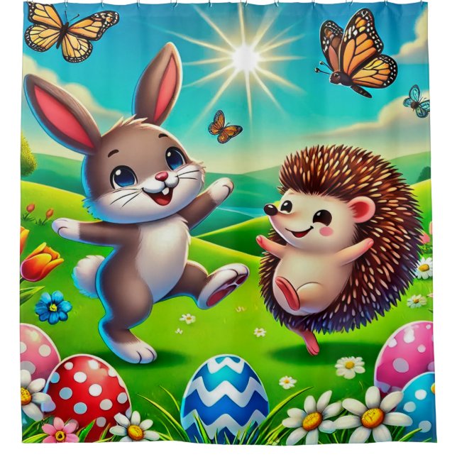 Rideaux De Douche Un lapin et un hérisson heureux (Devant)