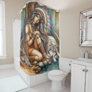 Rideaux De Douche Un moment serein entre un Indien et un loup