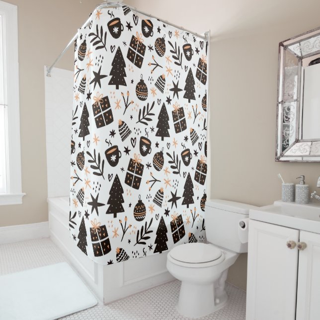Rideaux De Douche Un Motif de Noël noir et blanc (En situation)