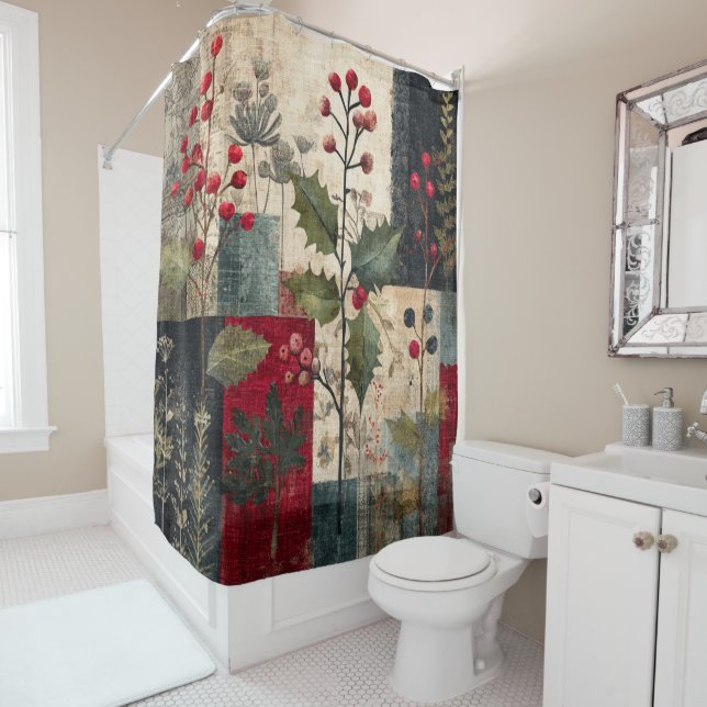 Rideaux De Douche Un Patchwork Rustique d'Hiver à la Baie de Houx (En situation)