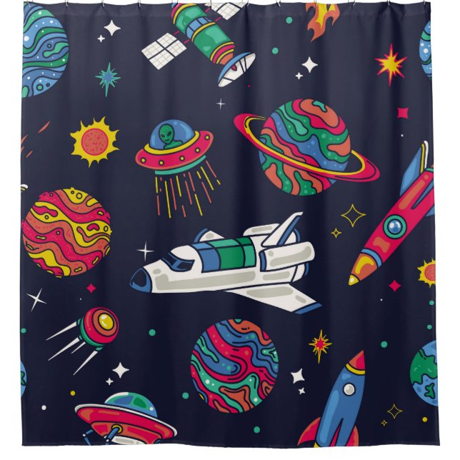 Rideaux De Douche Un vaisseau spatial en motif sans couture Galaxy.  (Devant)