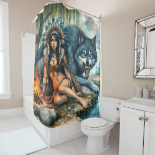 Rideaux De Douche Une femme indienne et son ami loup fort