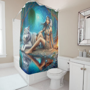 Rideaux De Douche Une Indienne autochtone et son fidèle compagnon de