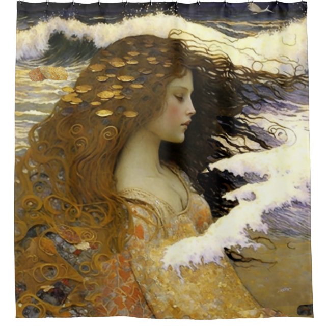 Rideaux De Douche Une sirène endormie rêve de coquillages dorés (Devant)